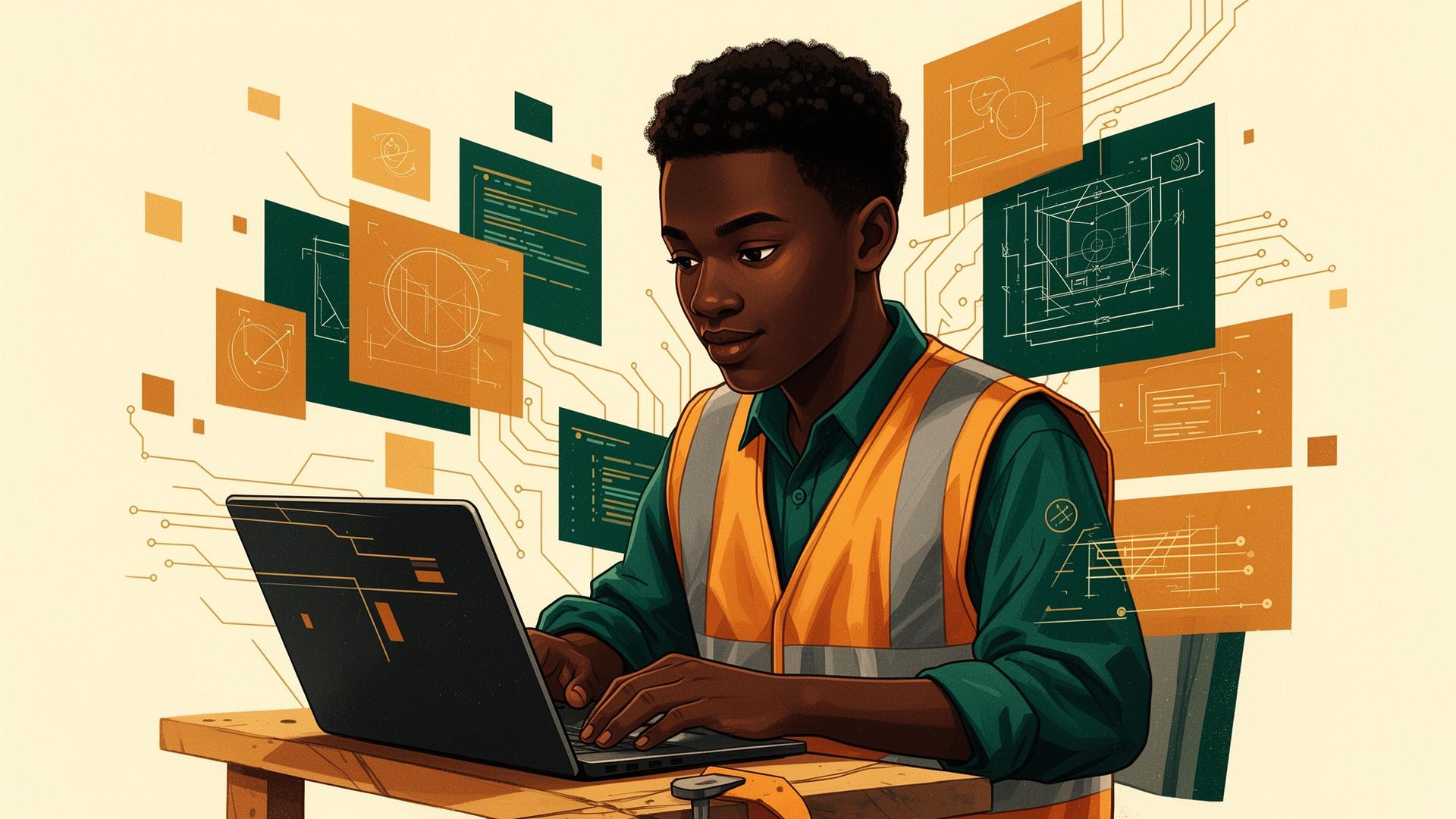 A young builder coding alongside floating UI blueprints